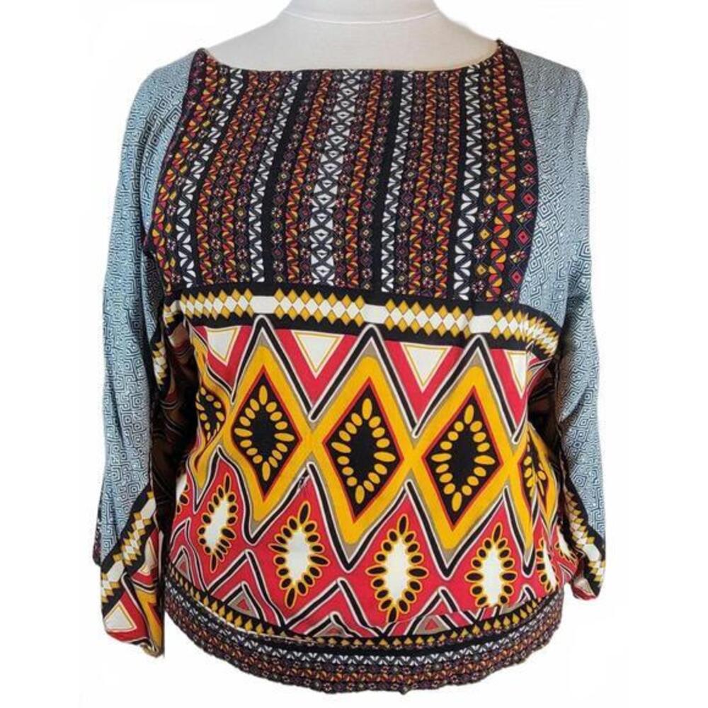 Cato Woman Blouse Plus Size 26/28W Geometric Tribal Print Rayon Smocked Hem Top